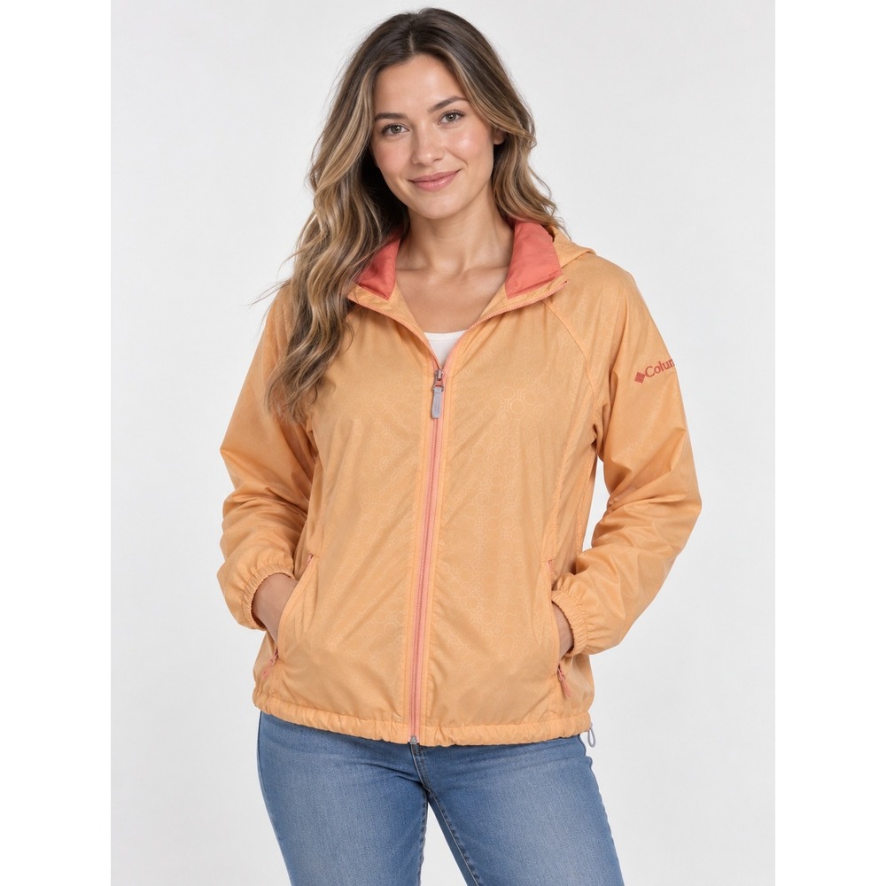 Columbia Windbreaker Jacket Womens Size Medium Orange Full Zip Packable Hood